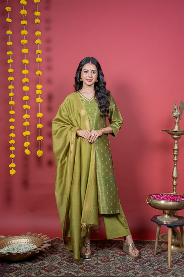 Olive Green Dyed Chanderi Silk Dupatta