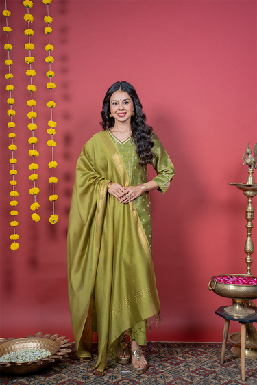 Olive Green Dyed Chanderi Silk Dupatta