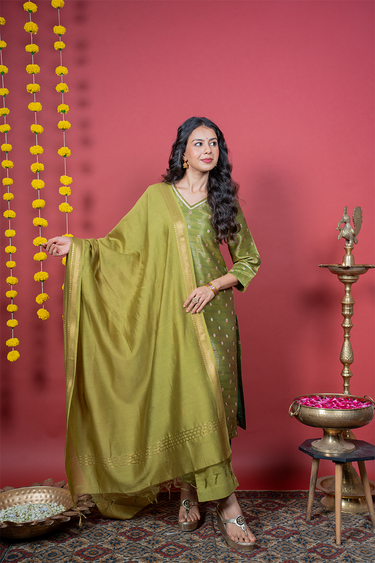 Olive Green Dyed Chanderi Silk Dupatta