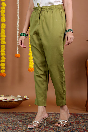 Olive Green Dyed Cotton Satin Women Ankle Pant