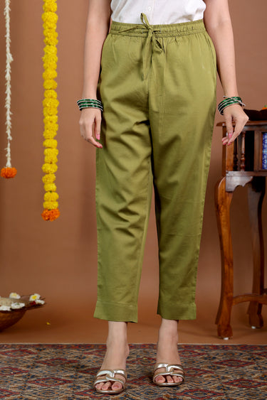Olive Green Dyed Cotton Satin Women Ankle Pant