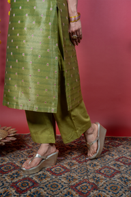 Olive Green Dyed Cotton Satin Women Flared Pant