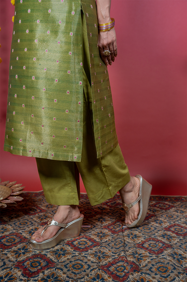 Olive Green Dyed Cotton Satin Women Flared Pant