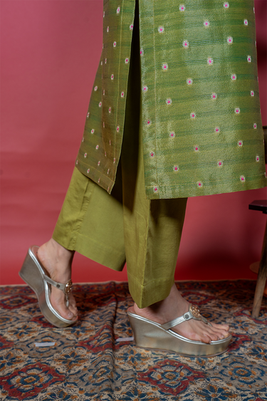 Olive Green Dyed Cotton Satin Women Flared Pant