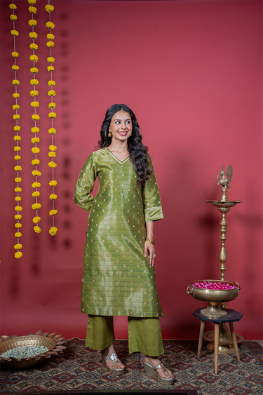 Olive Green Jaquard Stripes Banarasi Silk Women Long Kurta