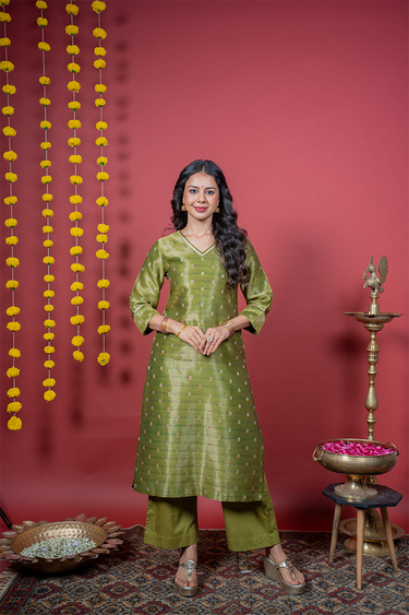 Olive Green Jaquard Stripes Banarasi Silk Women Long Kurta