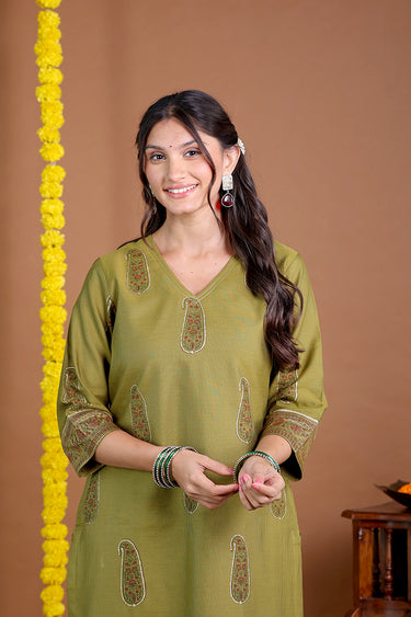 Olive Green Sanganeri Chanderi Silk Women Long Kurta