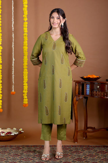 Olive Green Sanganeri Chanderi Silk Women Long Kurta