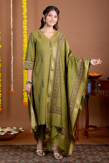 Olive Green Sanganeri Chanderi Silk Women Long Kurta