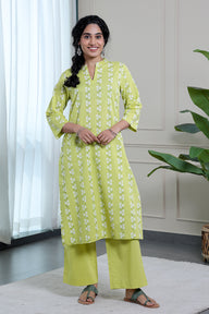 Olive Sanganeri Cotton Dobby Women Long Kurta