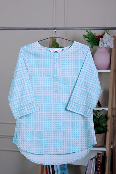 Pastel Blue Sanganeri Cotton Dobby Women Kurti