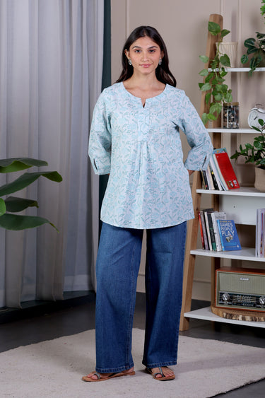 Pastel Blue Sanganeri Cotton Dobby Women Kurti