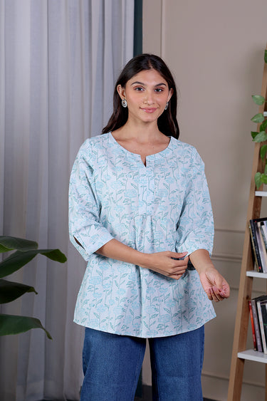 Pastel Blue Sanganeri Cotton Dobby Women Kurti