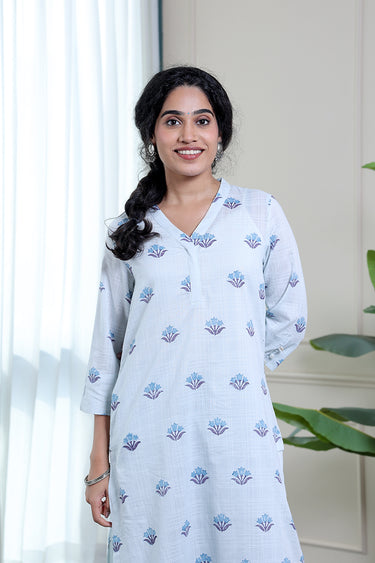 Pastel Blue Sanganeri Cotton Dobby Women Long Kurta