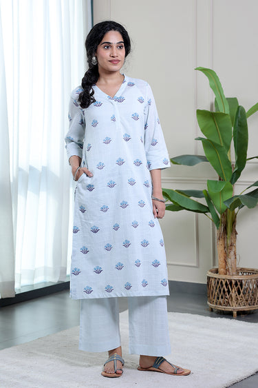 Pastel Blue Sanganeri Cotton Dobby Women Long Kurta