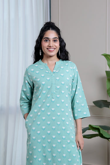 Pastel Green Sanganeri Cotton Dobby Women Long Kurta
