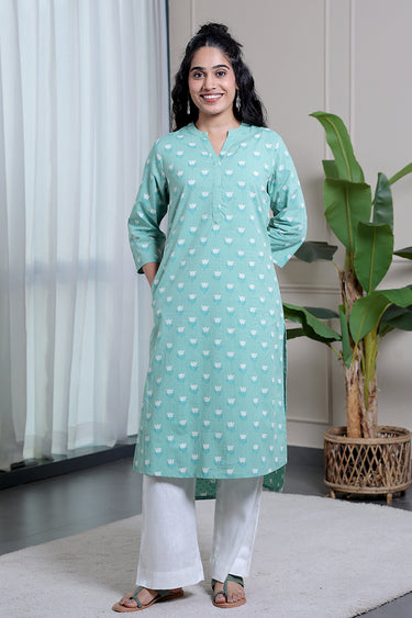 Pastel Green Sanganeri Cotton Dobby Women Long Kurta