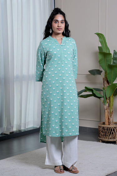 Pastel Green Sanganeri Cotton Dobby Women Long Kurta