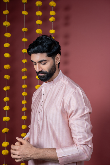 Pastel Pink Mukaish Work Stripes Zari Chanderi Silk Men Long Kurta