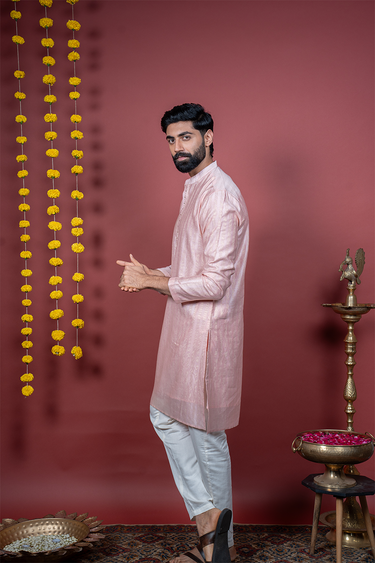 Pastel Pink Mukaish Work Stripes Zari Chanderi Silk Men Long Kurta