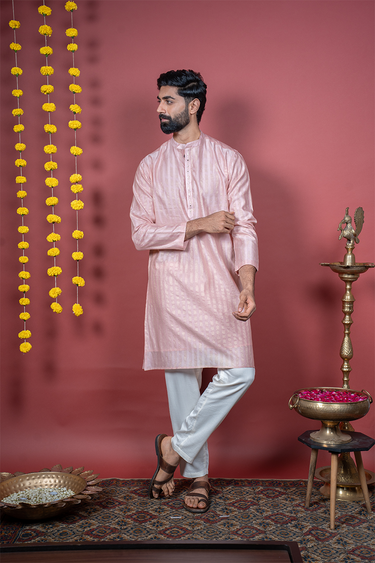 Pastel Pink Mukaish Work Stripes Zari Chanderi Silk Men Long Kurta
