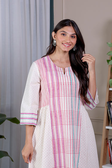 Pink Blue Sanganeri Lite Cotton Flax Women Long Kurta