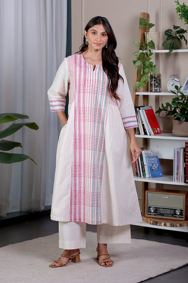 Pink Blue Sanganeri Lite Cotton Flax Women Long Kurta
