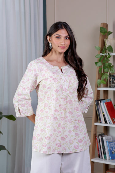 Pink Green Sanganeri Cotton Dobby Women Kurti