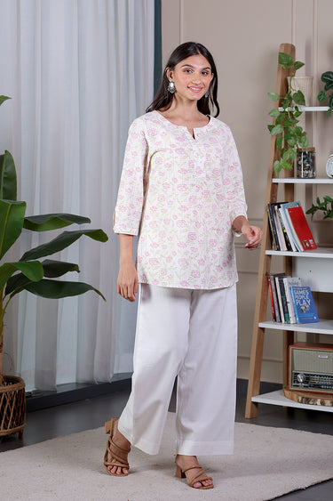 Pink Green Sanganeri Cotton Dobby Women Kurti