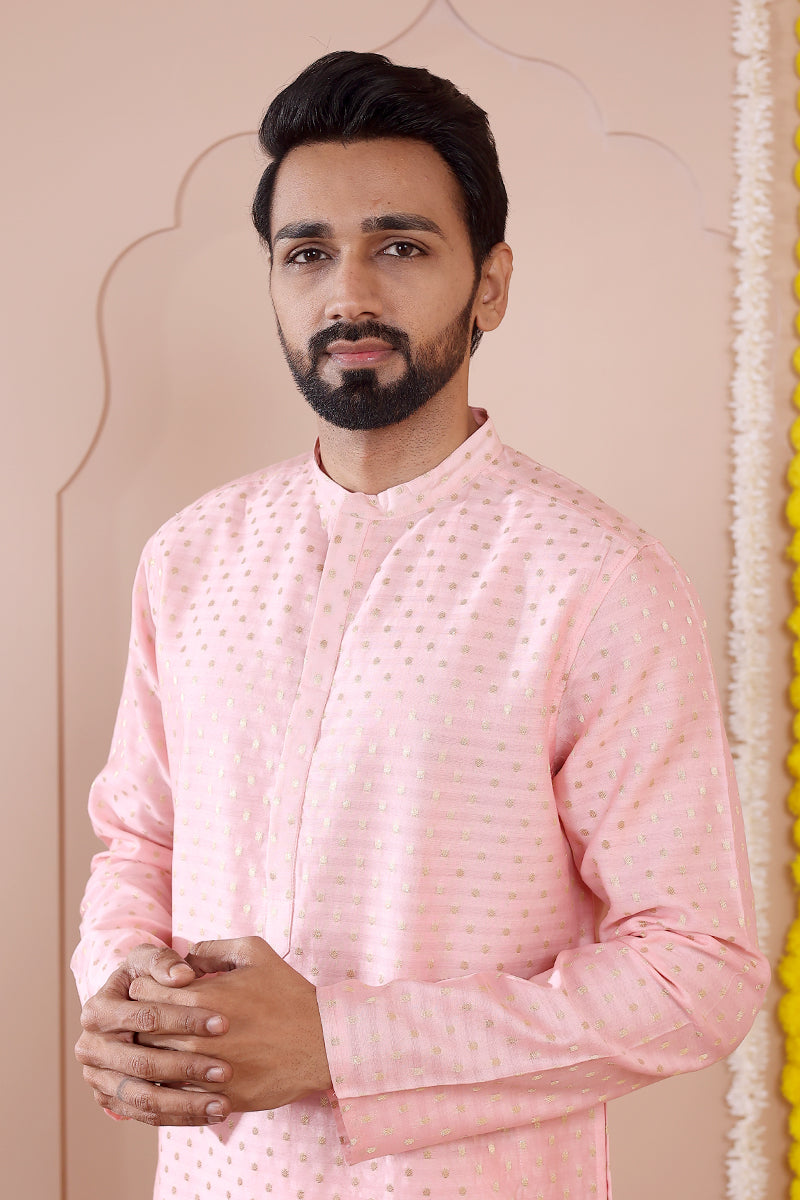 Pink Jaquard Banarasi Silk Men Long Kurta Full Sleeves