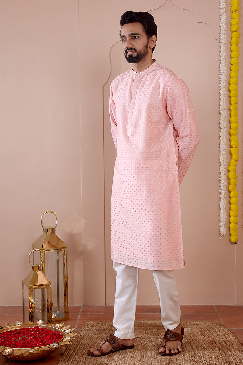 Pink Jaquard Banarasi Silk Men Long Kurta Full Sleeves