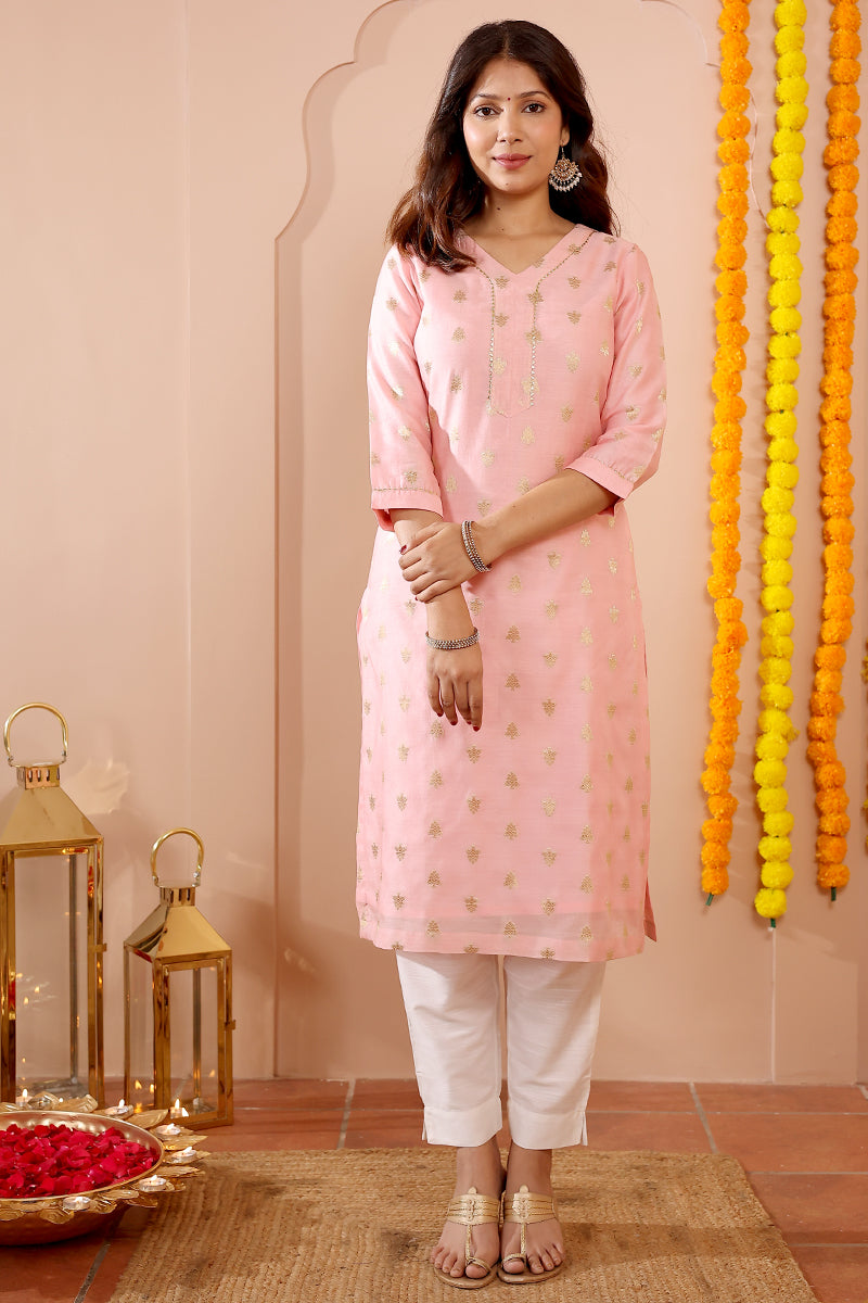 Pink Jaquard Banarasi Silk Women Long Kurta Long Sleeves