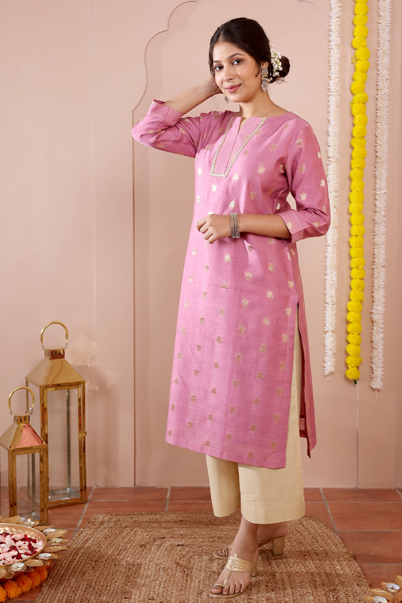 Pink Jaquard Banarasi Silk Women Long Kurta Long Sleeves