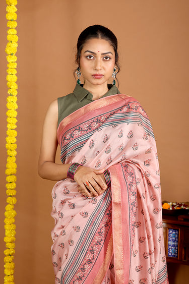Pink Sapphire Sanganeri Rib Chanderi Silk Saree