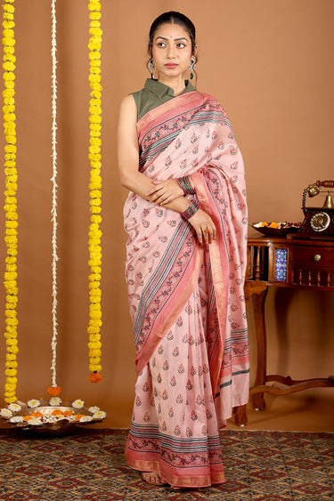 Pink Sapphire Sanganeri Rib Chanderi Silk Saree