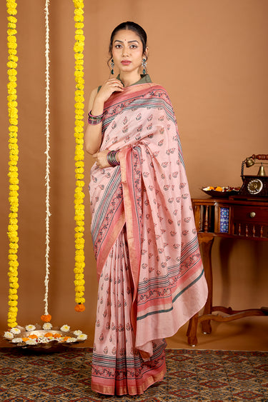 Pink Sapphire Sanganeri Rib Chanderi Silk Saree