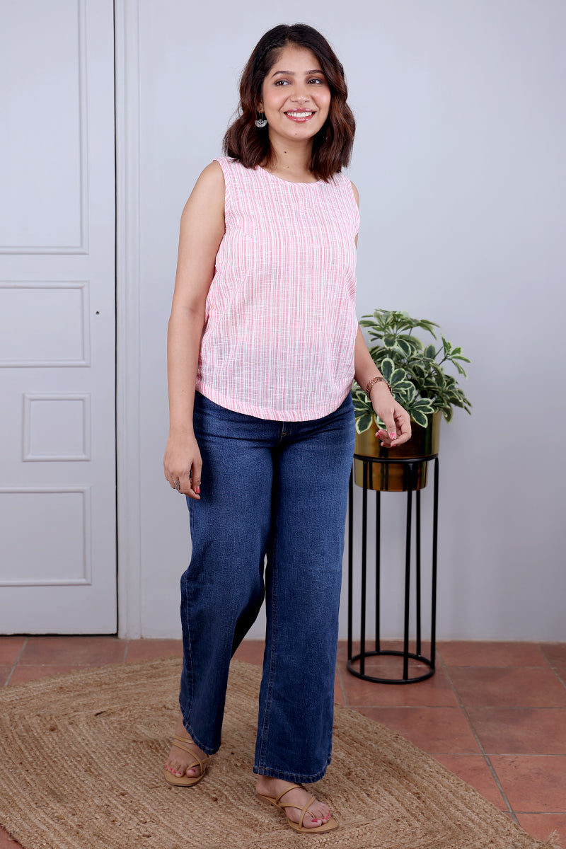 Pink Stripes South Cotton Women Short Top Sleeveless WSTSL052436