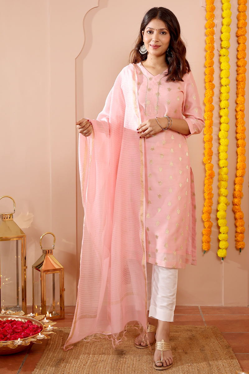 Pink Jaquard Banarasi Silk Dupatta