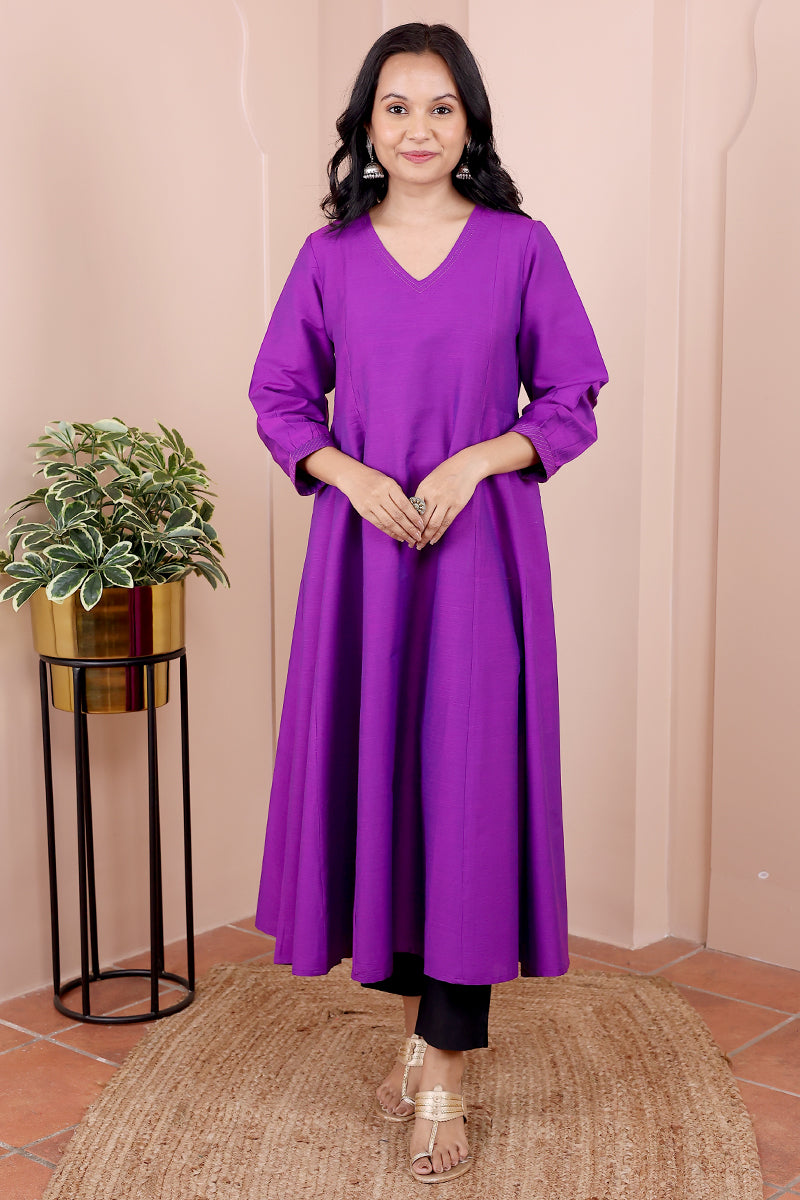 Purple Hand Dyed Art Silk Slub Women Ankle Kurta Long Sleeves WAKLS12232