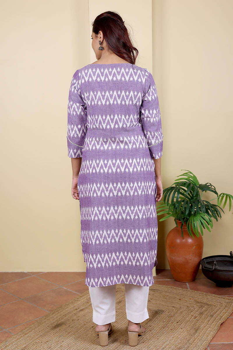 Purple Single Ikkat 60 Cotton Women Long Kurta Long Sleeves WLKLS0323100