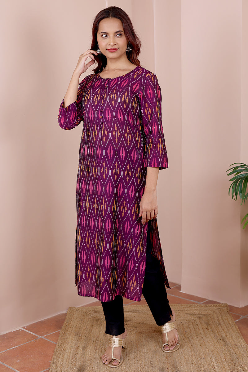 Purple Single Ikkat Mercerised Cotton Women Long Kurta Long Sleeves WLKLS042323