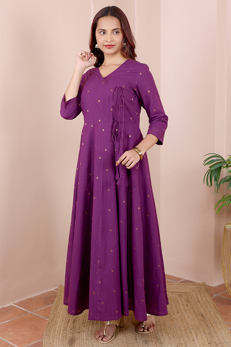 Purple Dobby South Cotton Women Ankle Kurta Long Sleeves WAKLS042314