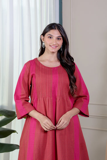 Red Checks Cotton Women Long Kurta