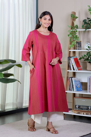 Red Checks Cotton Women Long Kurta
