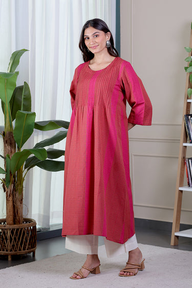 Red Checks Cotton Women Long Kurta
