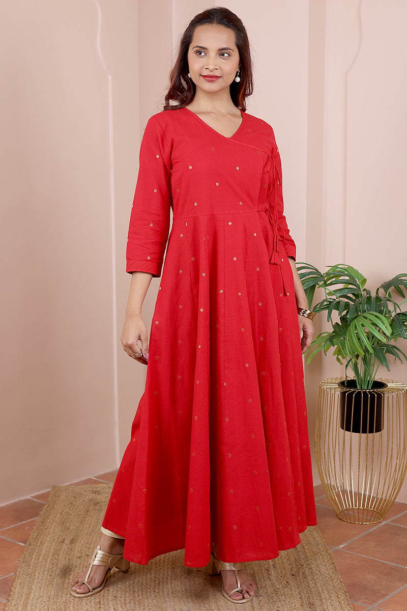 Red Dobby South Cotton Women Ankle Kurta Long Sleeves WAKLS042315