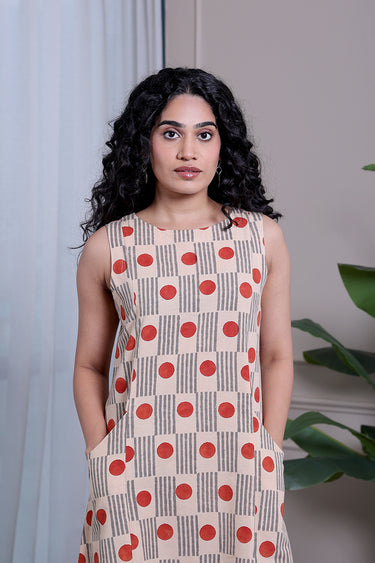 Red Grey Bagru Lite Cotton Flax Women Midi Dress