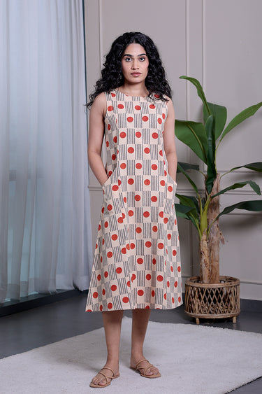 Red Grey Bagru Lite Cotton Flax Women Midi Dress