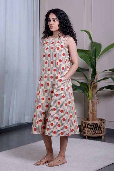 Red Grey Bagru Lite Cotton Flax Women Midi Dress