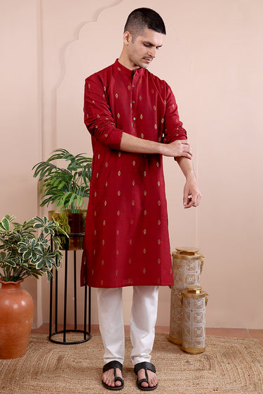 Red Jaquard Art Silk Men Long Kurta Full Sleeves MLKFS052413